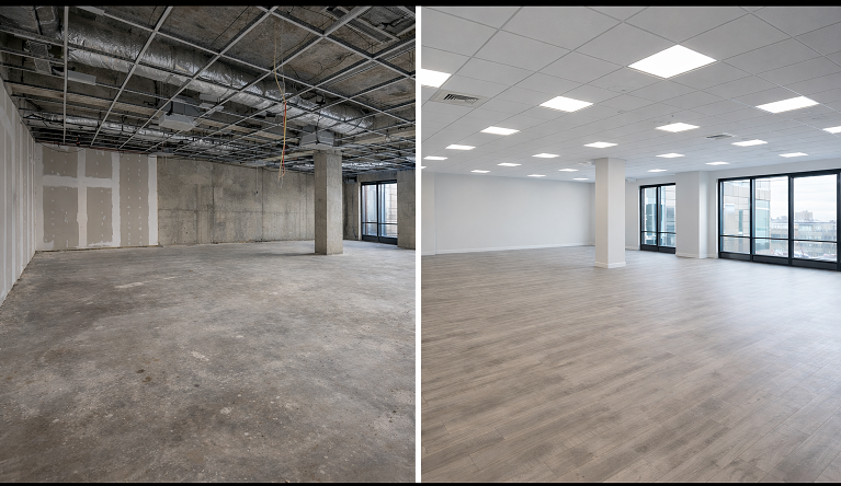 Office fit-out before and after showing Paint, flooring, lighting upgrades, and coordinated trades.